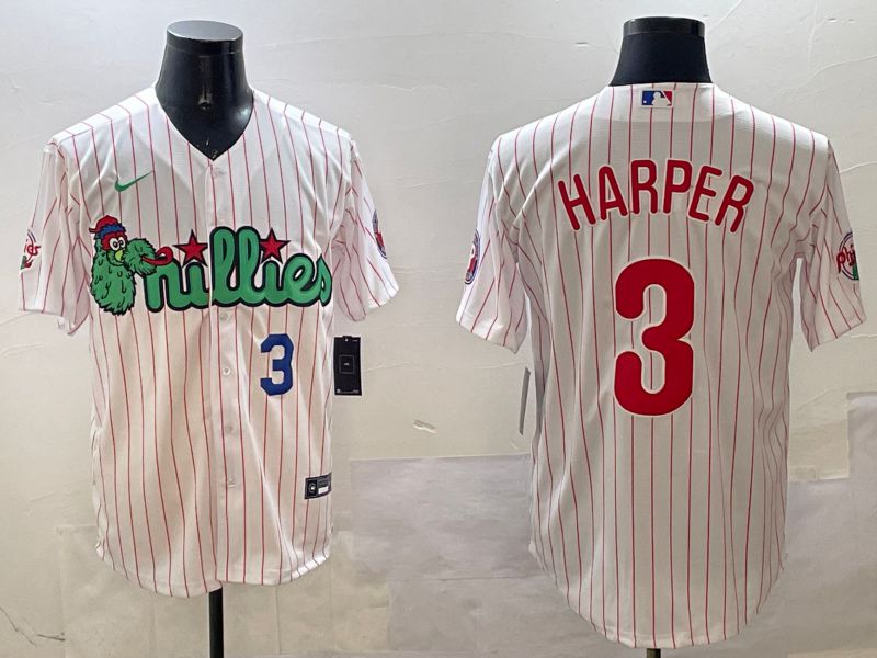 Men Philadelphia Phillies #3 Harper White Stripe Three generations Joint Name Game 2025 Nike MLB Jersey style 3->philadelphia phillies->MLB Jersey